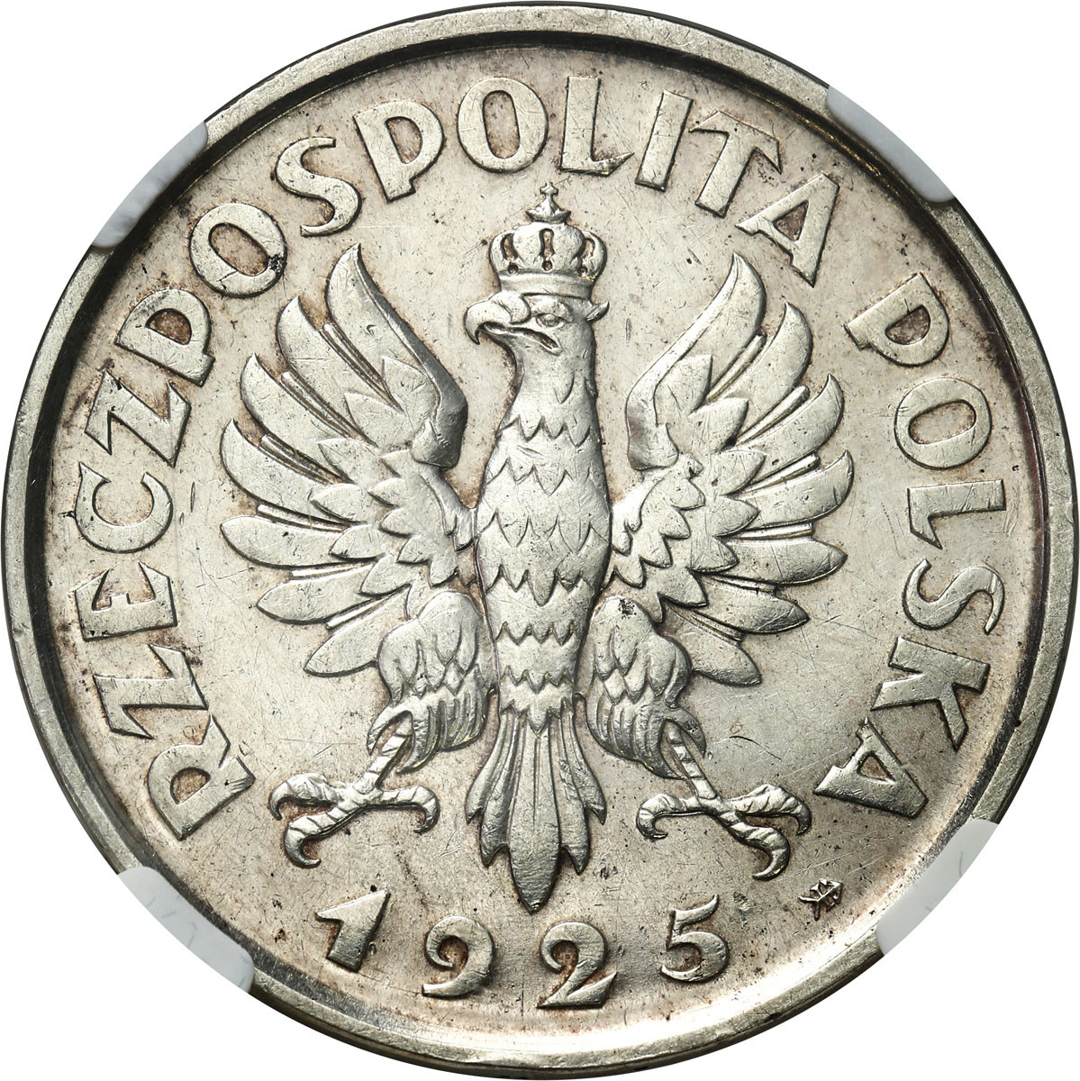 II RP. PRÓBA srebro, 5 złotych 1925, Konstytucja 100 perełek, NGC AU – RZADKOŚĆ